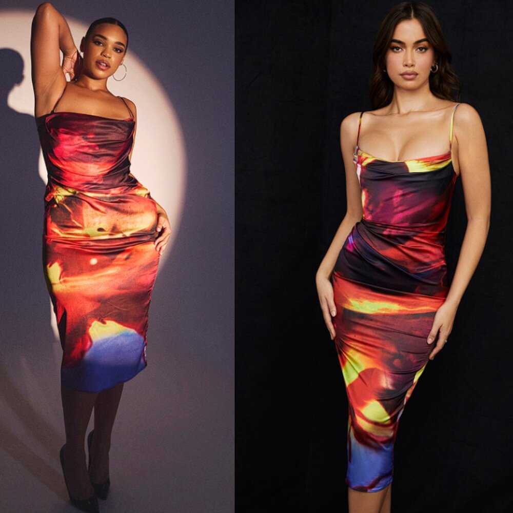 HOUSE OF CB 'Mitzi' Printed Satin Corset Midi Dress NWOT
